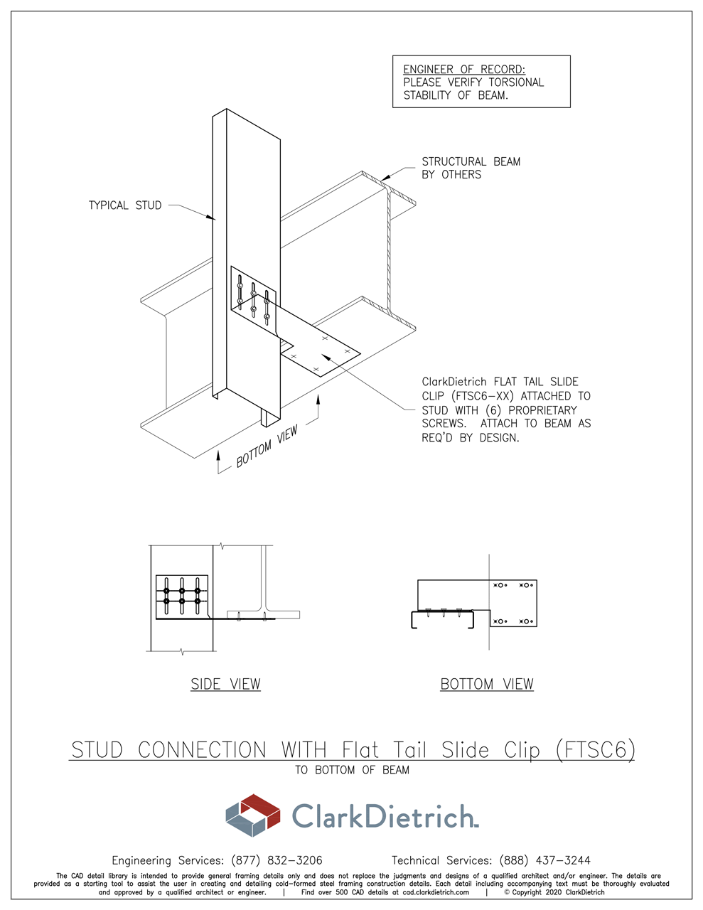 Stud Connection Bypass Flat Tail FTSC6 Bottom of Beam