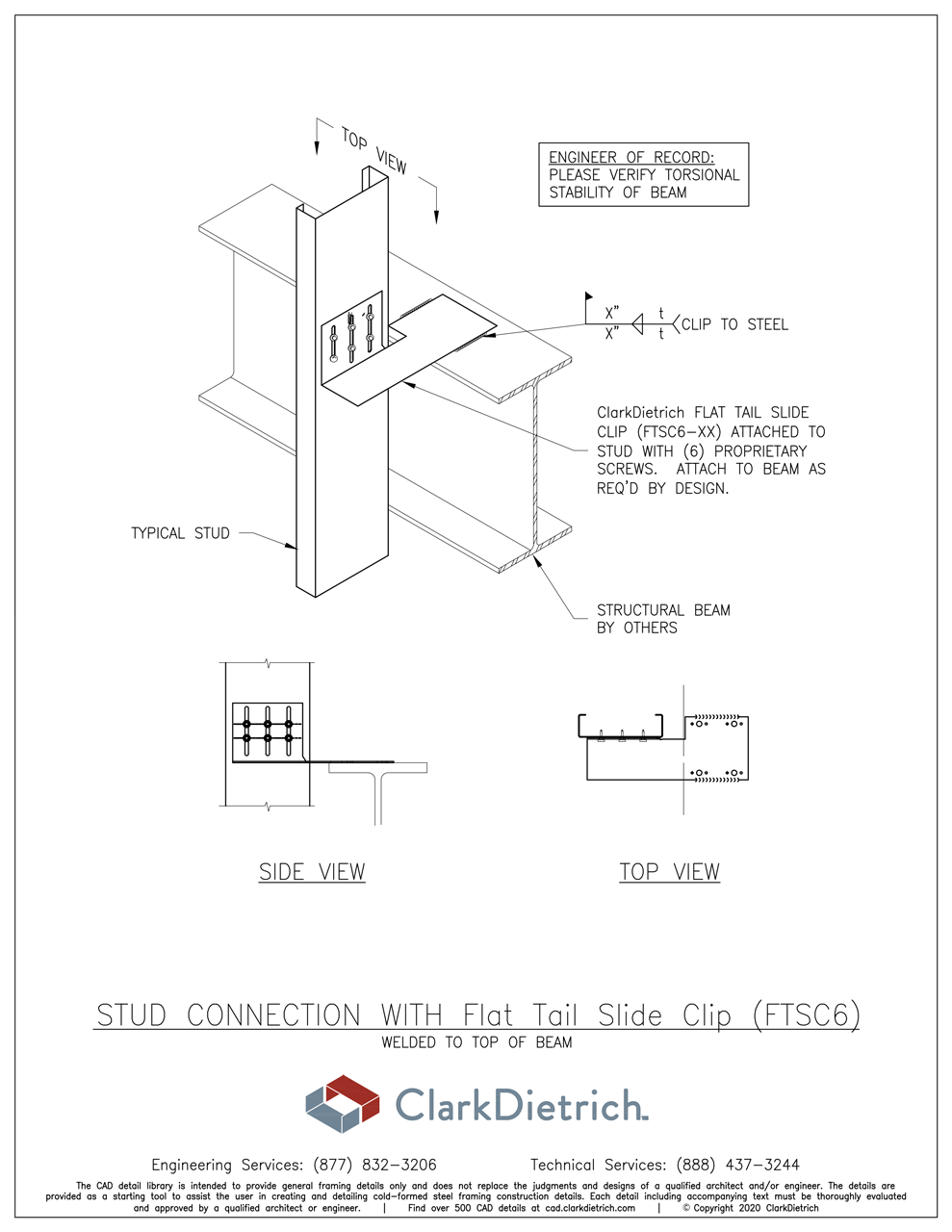 Stud Connection Bypass Flat Tail FTSC6 welded Top of Beam
